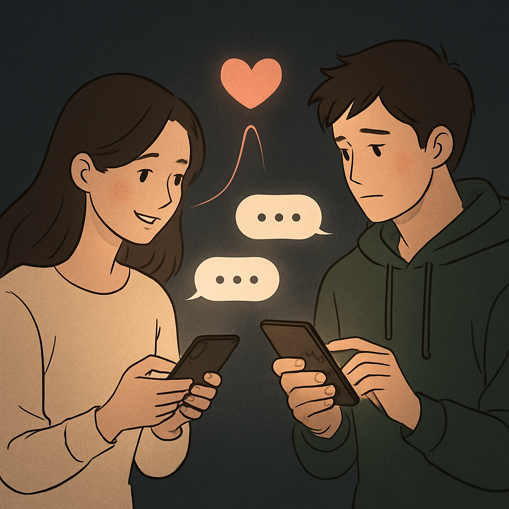 문자 메시지를 주고받으며 미묘한 감정을 느끼는 두 사람의 일러스트