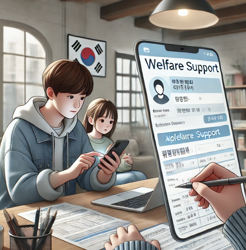 휴대폰으로 자녀의 복지 지원 신청을 하는 장면