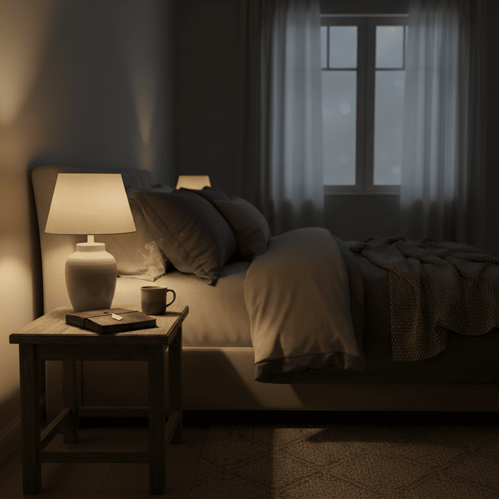 잠들기 전 조명이 켜진 침실 공간과 차분한 밤의 분위기