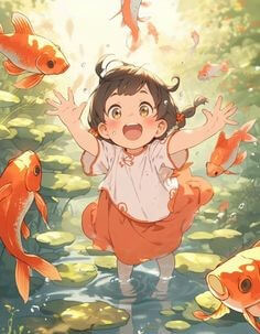 연못에서-물고기와-놀고있는-소녀