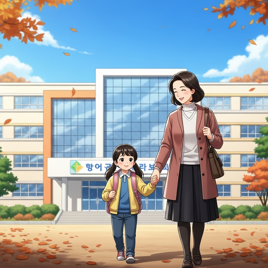 2026학년도 초등학교 입학을 앞둔 엄마와 아이가 설레는 표정으로 학교로 향하는 모습