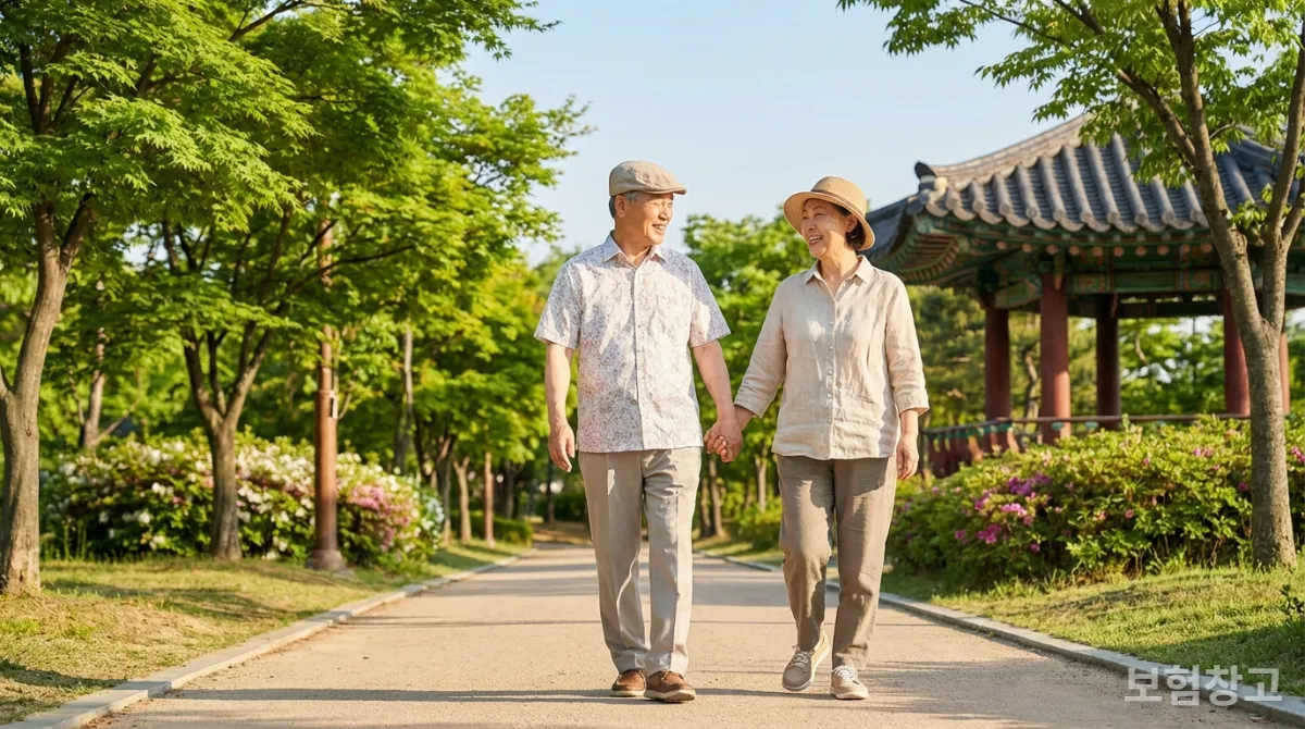 공원에서 산책하는 활기찬 노년 한국인 부부