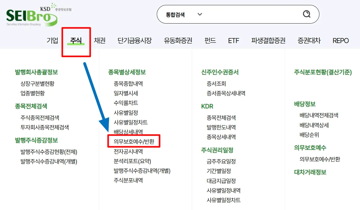 세이브로 사이트에서 보호예수 해제일 확인 메뉴 경로