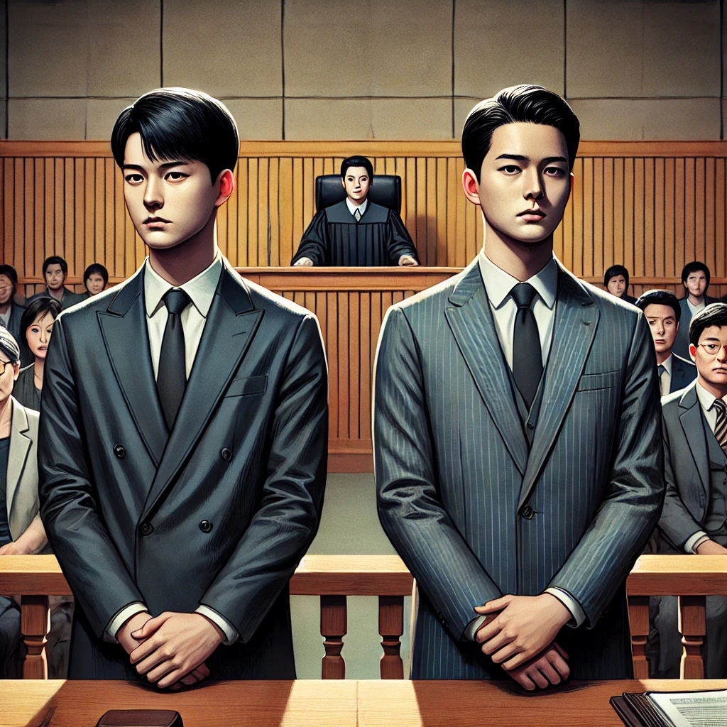 법정 장면: 김영수 씨와 김민준 씨가 법정에서 유산 상속 문제로 대립하고 있는 장면.