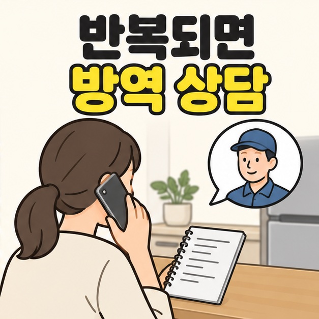 반복되면 방역 상담이라는 문구 아래 여성이 기록 수첩을 보며 전화하고 말풍선에 방역 담당자가 나타난 그림