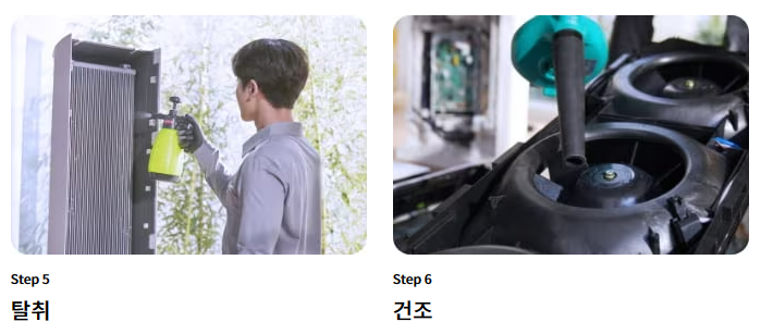 LG에어컨 청소 서비스 비용 및 예약방법과 관련한 전문 세척 진행 과정을 나타낸 사진