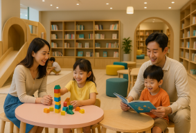 키즈카페에서 책과 놀이감을 가지고 즐겁게 시간 보내는 가족 모습