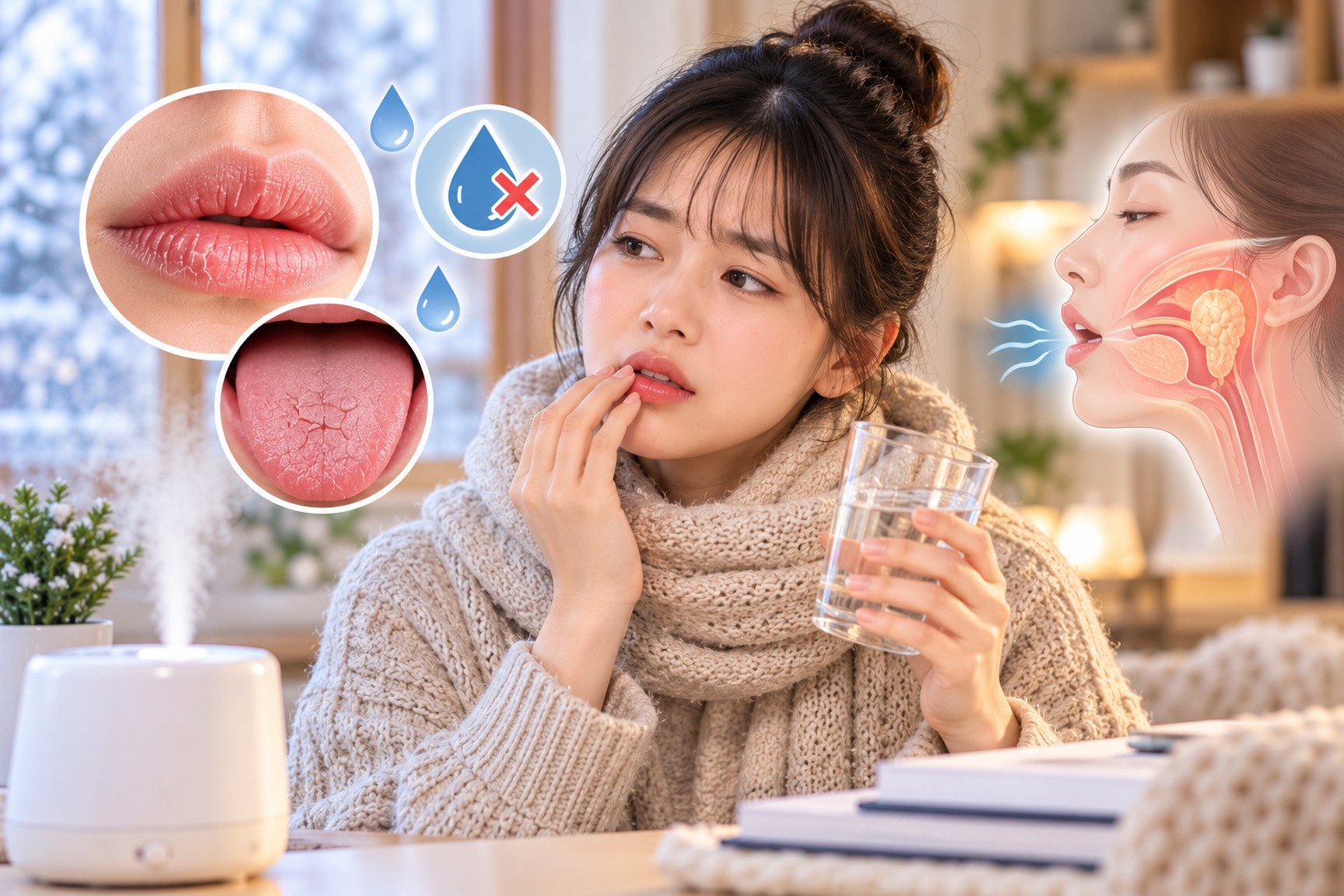 겨울철 구강건조증으로 입마름을 느끼는 여성과 침샘 구조를 설명하는 의료 이미지