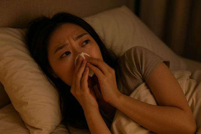 코막힘 때문에 숙면하지 못하는 여성의 모습