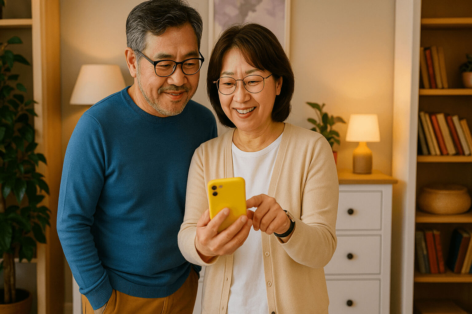 시니어 부부가 스마트폰으로 복지혜택 보는 모습
