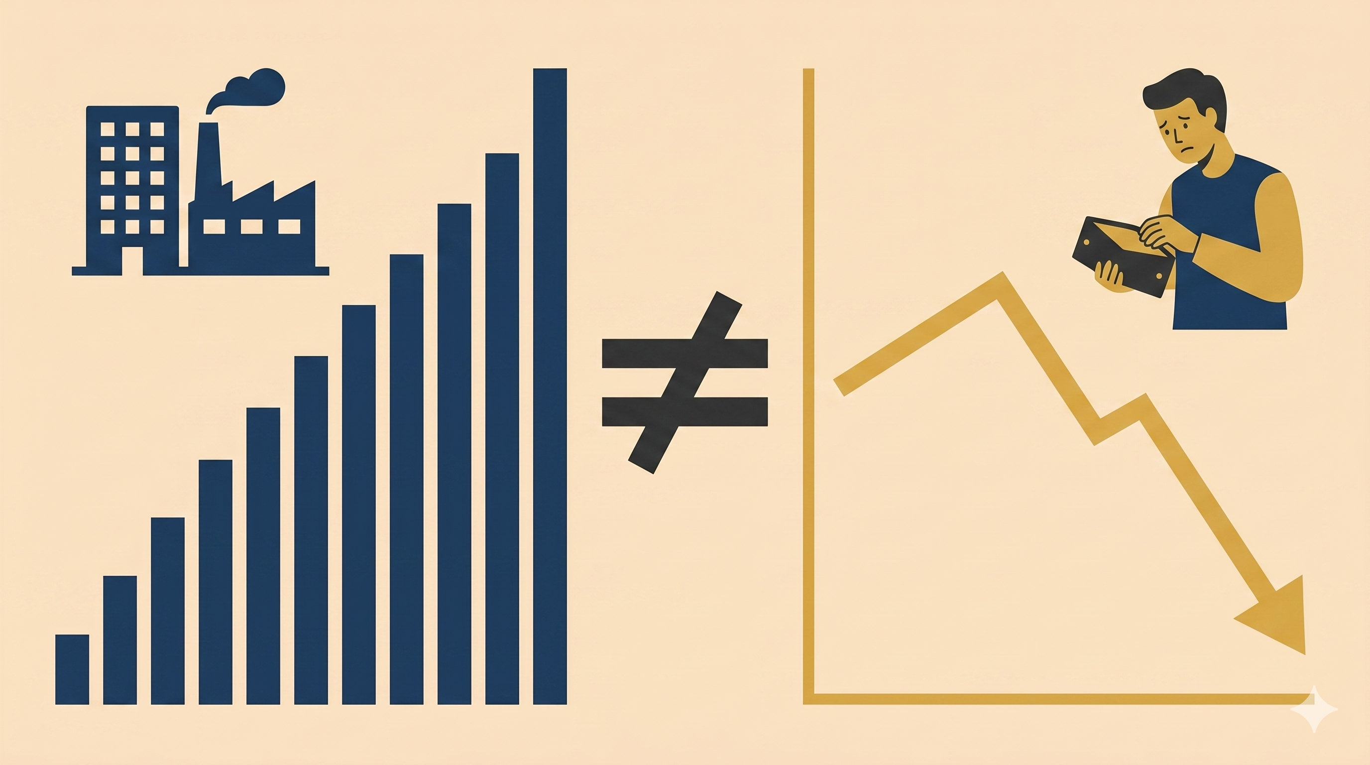 왼쪽에 상승하는 GDP 막대그래프(딥 네이비), 오른쪽에 하락하는 소비심리 꺾은선 그래프(빨간색)가 대조를 이루는 미니멀 인포그래픽.
