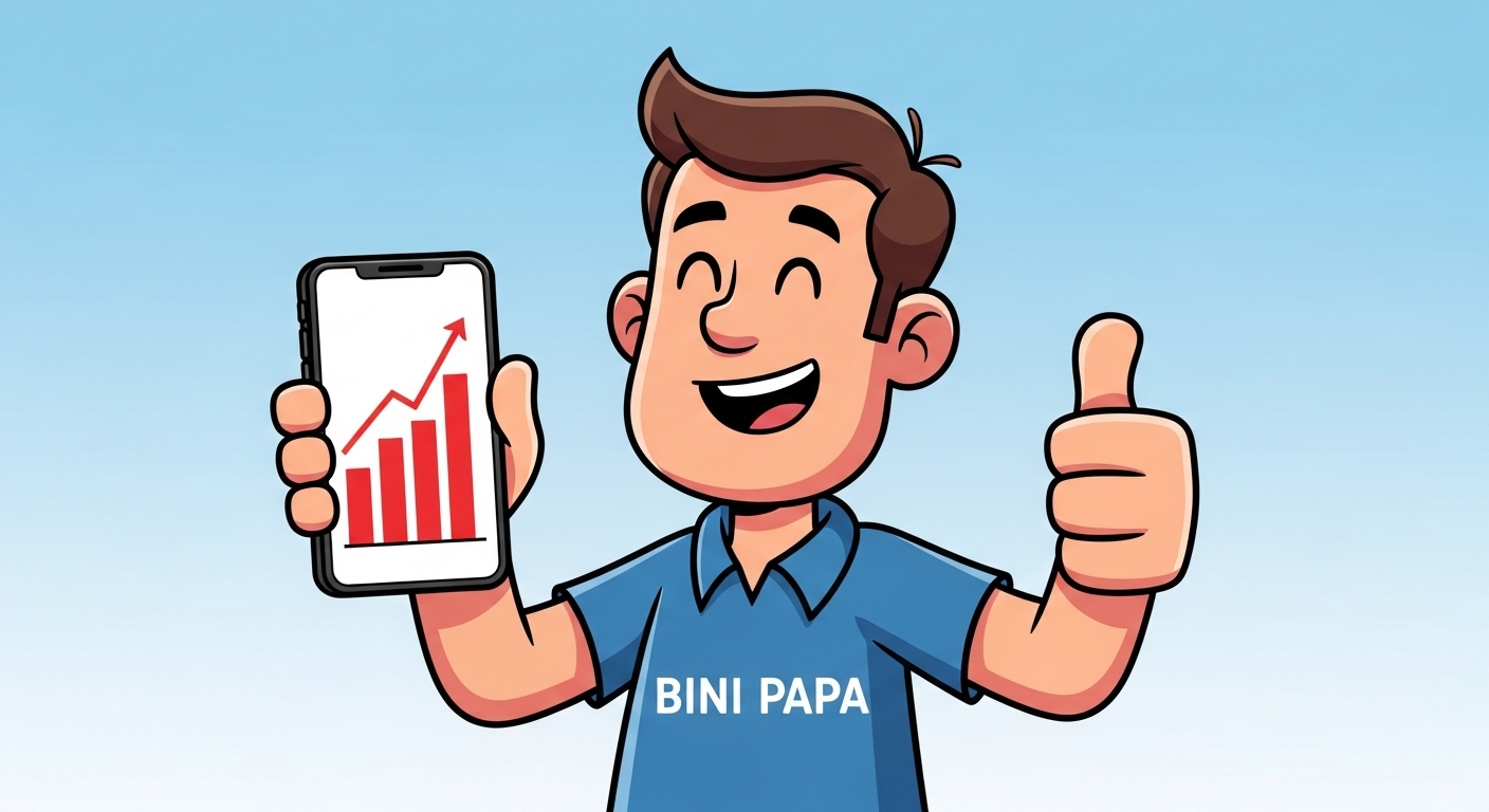 스마트폰으로 ETF 수익률(빨간불)을 확인하며, 편안한 표정으로 엄지척을 날리는 '빈이아빠'의 모습