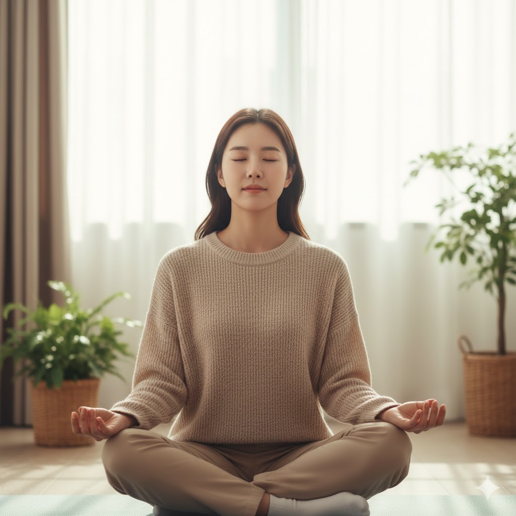 명상하며 스트레스 관리하는 여성