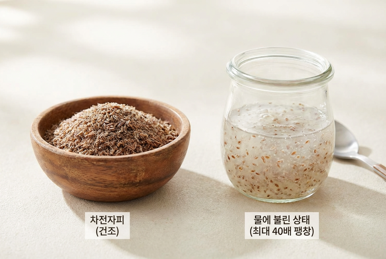 차전자피 씨앗 껍질과 물에 불린 젤 형태. 식이섬유가 풍부해 장 건강에 도움.