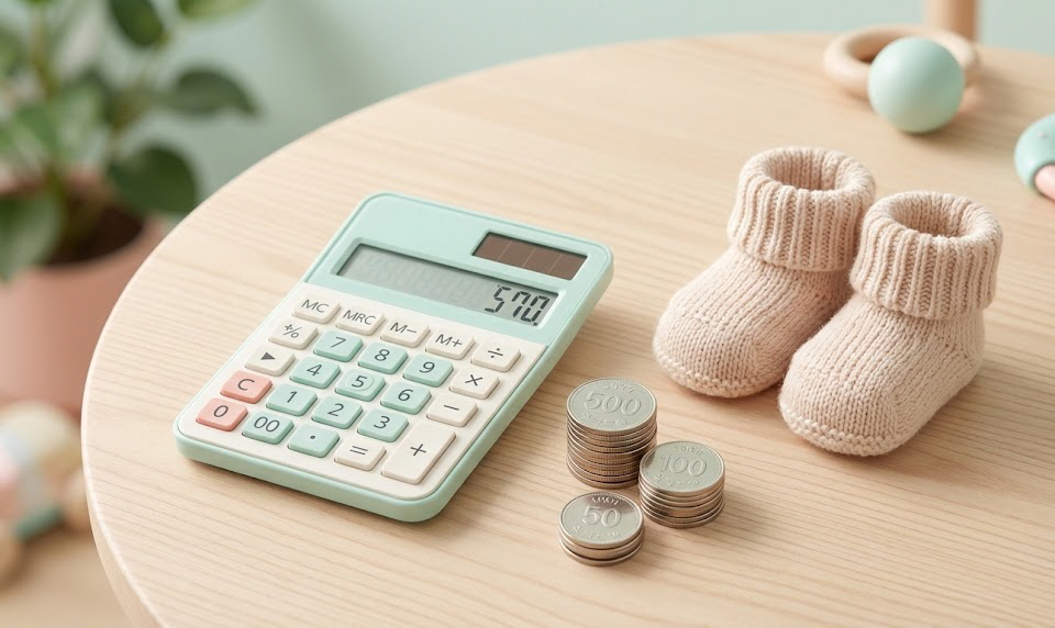 테이블 위에 놓인 전자 계산기와 그 옆에 쌓여 있는 동전 더미, 그리고 귀여운 니트 소재의 아기 신발 한 켤레가 함께 배치되어 부모급여 금액 계산과 육아 비용 준비를 상징하는 모습