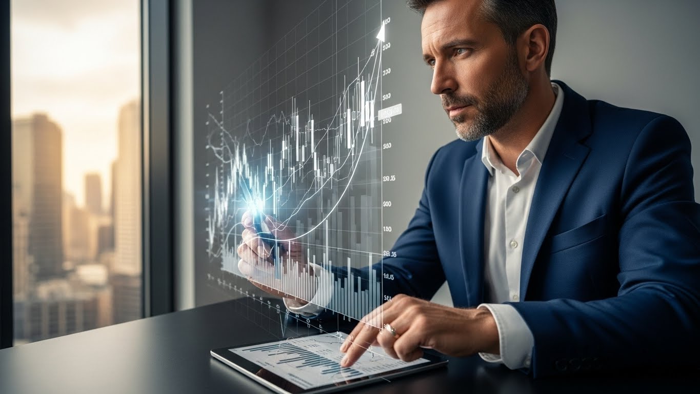 단기적인 주가 변동 차트를 넘어 장기적인 성장 곡선을 바라보는 투자자의 모습