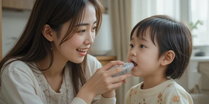 엄마가 아이에게 가글하는 방법을 알려주는 장면