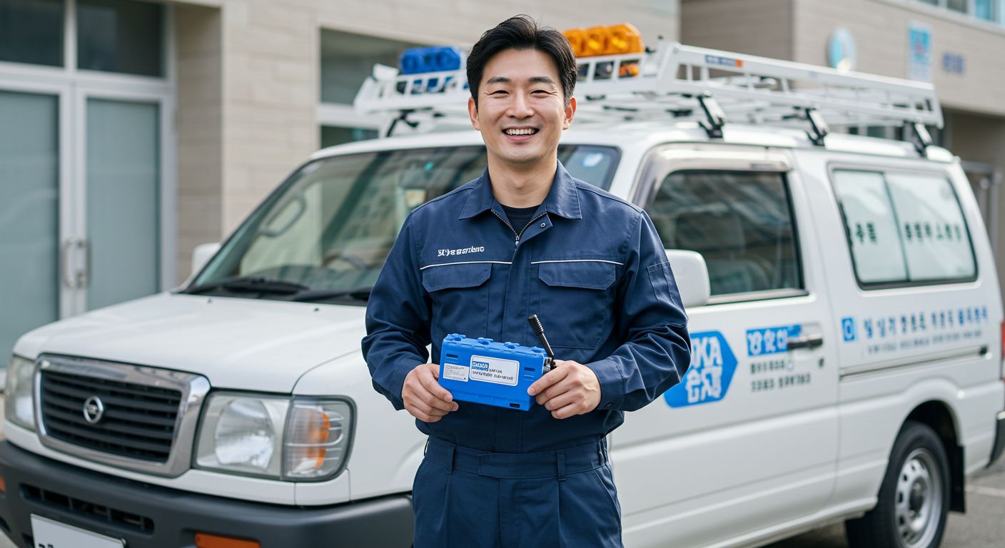 에어컨 청소 작업을 마치고 서비스 차량 옆에서 미소 짓는 한국인 창업자의 모습