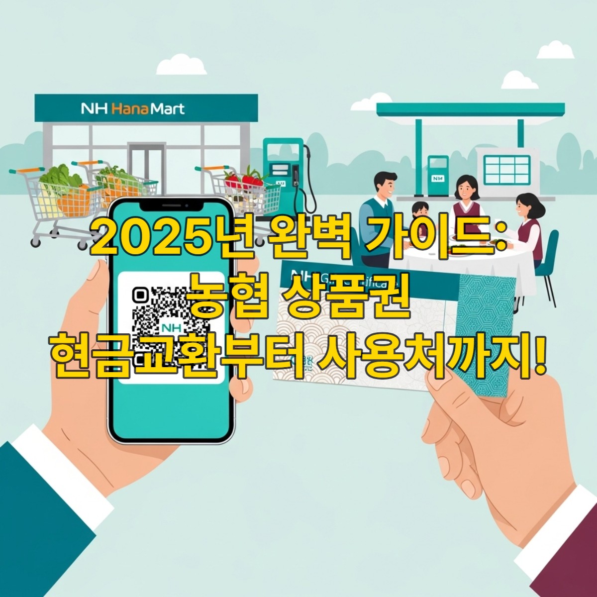 농협 상품권의 종류(종이, 모바일)와 다양한 사용처를 보여주는 이미지. 현대적이고 편리한 상품권 사용 경험을 상징합니다.