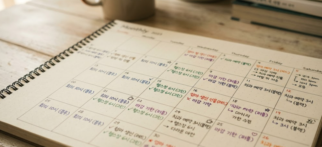 달력에 색깔 펜으로 깔끔하게 정리된 사회복지사의 월간 스케줄러