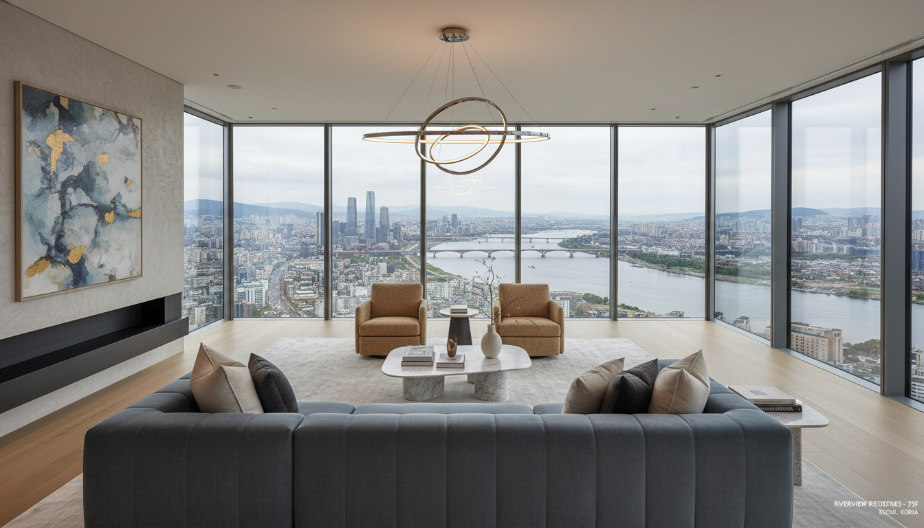 파노라마 한강뷰가 돋보이는 상위 1% 고급 빌라의 모던 럭셔리 거실 인테리어