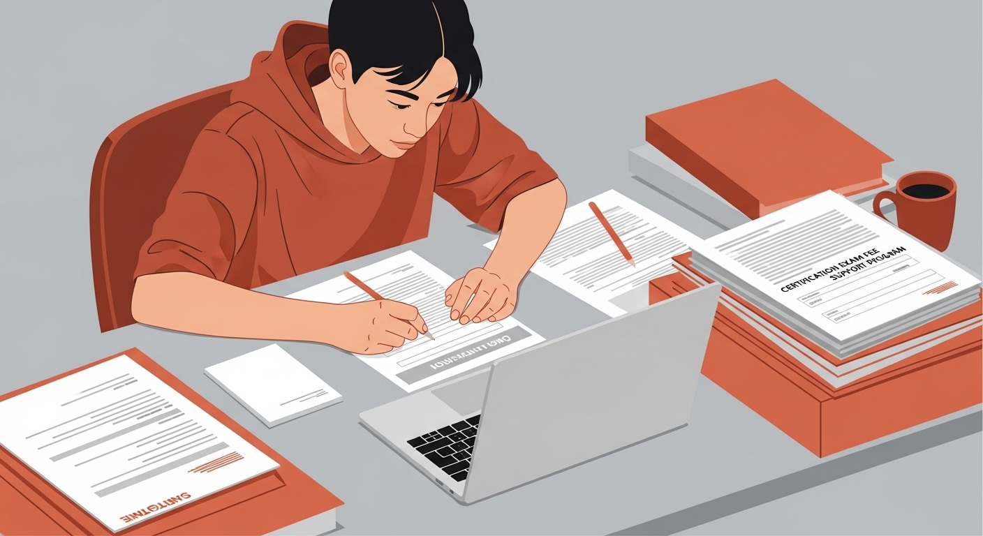 책상에 앉아 노트북으로 자격증 시험 응시료 지원 온라인 신청서를 꼼꼼히 작성하고 있는 청년. 주변에 여러 서류들이 정리되어 있어 지원 절차의 중요성을 나타냅니다.