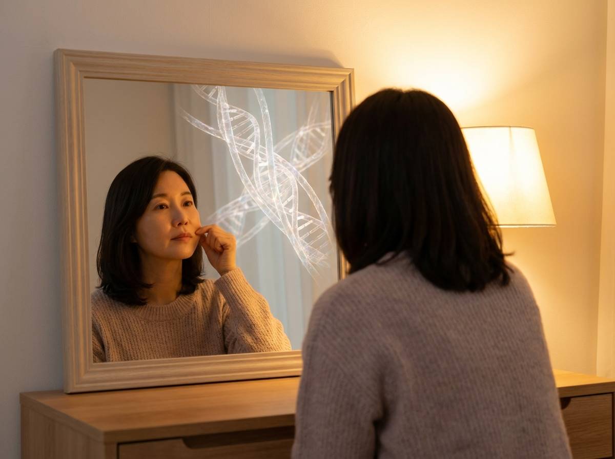 40대 여성이 거울을 보며 피부 탄력을 체크하는 모습, 피부의 콜라겐 구조가 입체적으로 시각화된 배경