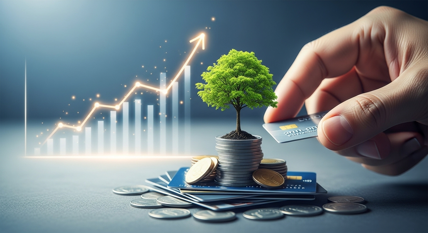 손이 신용카드와 동전 더미 위에서 자라는 나무를 돌보는 모습으로, 신용 점수를 성장시키는 신중한 관리를 상징합니다.