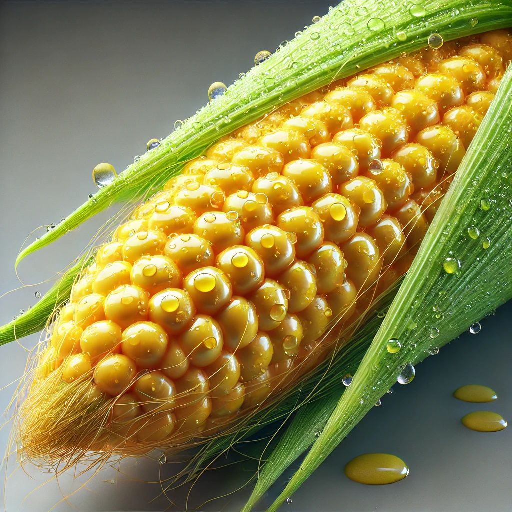 신선한 옥수수 한 개가 껍질이 일부 벗겨져 노란 알갱이가 보이고, 물방울이 맺혀 있는 모습.