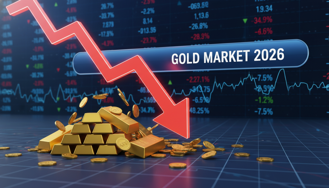 2026년 금값 하락 차트와 금괴를 묘사한 3D 금융 일러스트