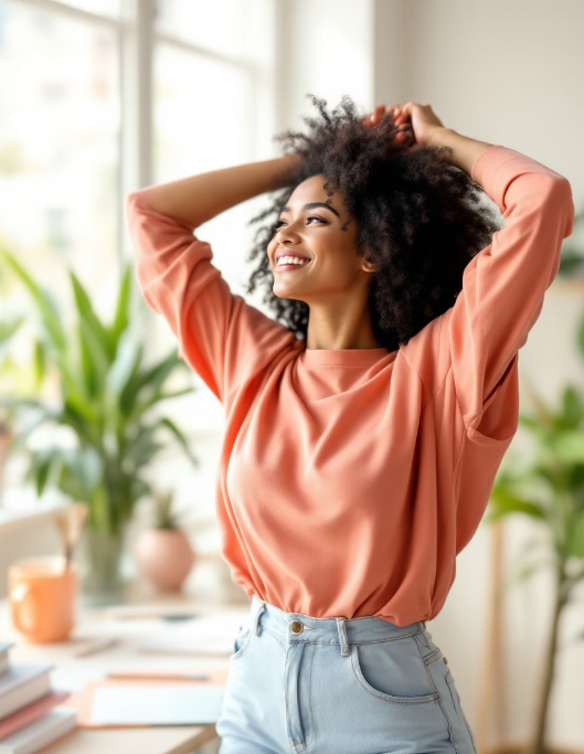 일하다가 일어나서 기지개를 켜는 여자