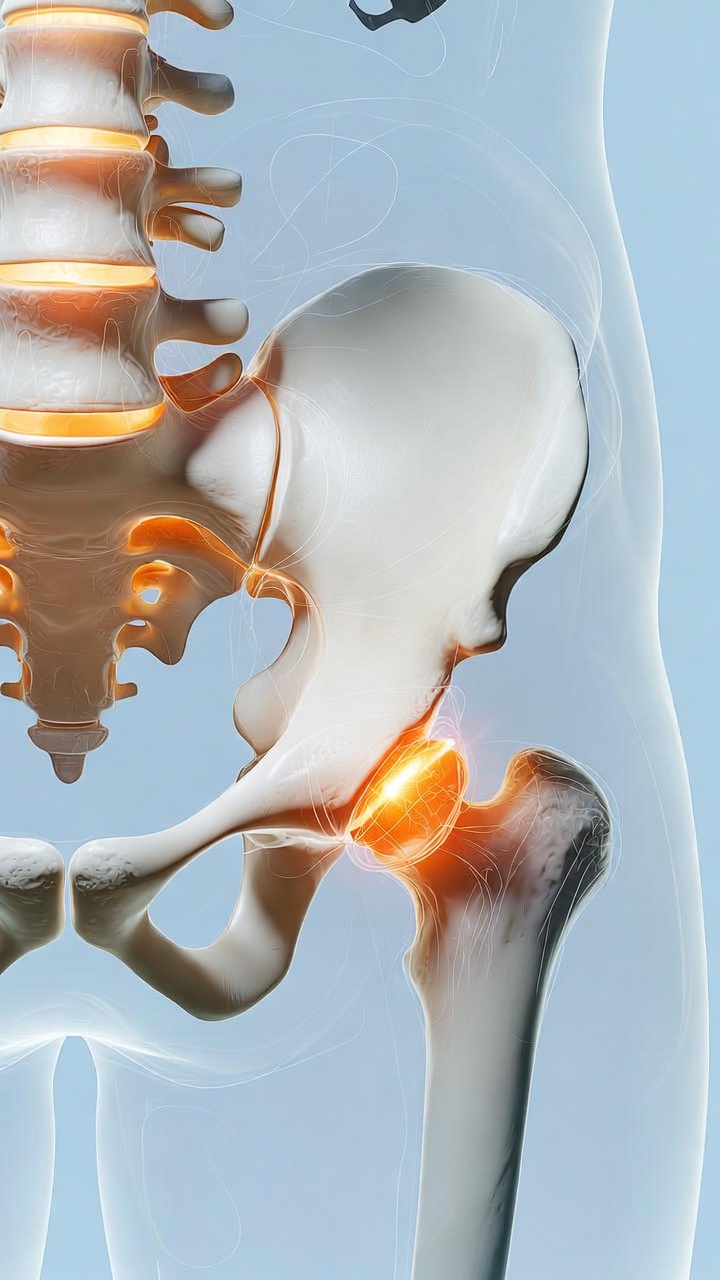 고관절 대퇴골두 부위에 주황색 빛으로 강조된 무혈성 괴사 발생 지점을 보여주는 의학 일러스트