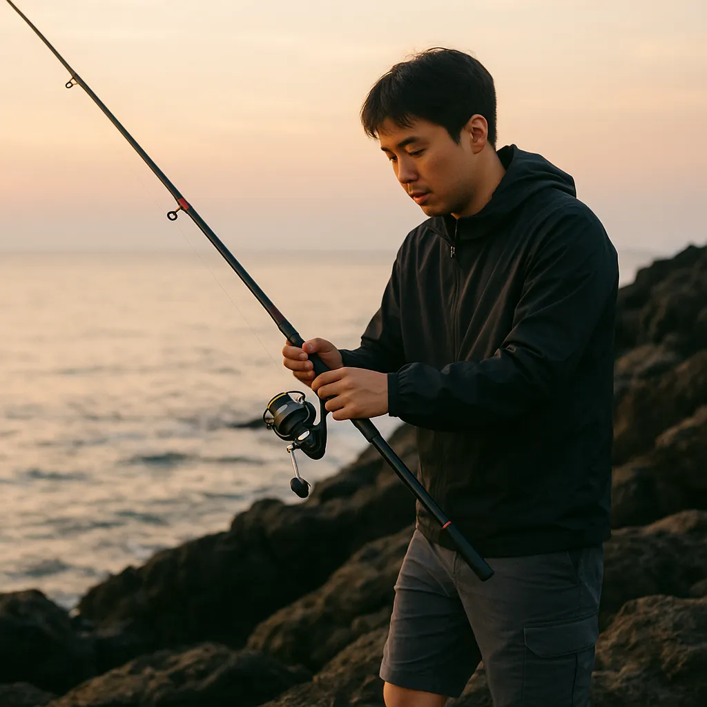 바위 해안가에서 낚싯대를 조정하는 남성