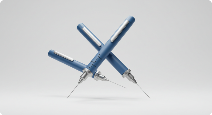 삼각형 배치로 떠있는 3개의 3D 비만약 주사펜