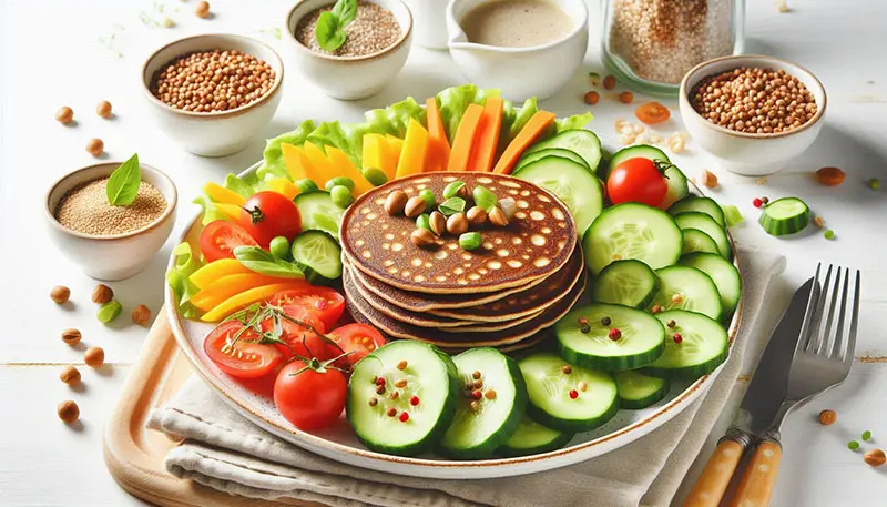 하얀 접시에 메밀 팬케잌과 오이, 방울 토마토, 파프리카 등이 놓여 있는 이미지.