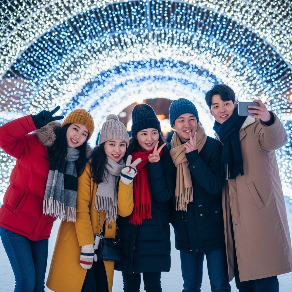 서울윈터페스타 청계천&amp;#44; 친구들과 함께 사진을 찍고 있는 장면