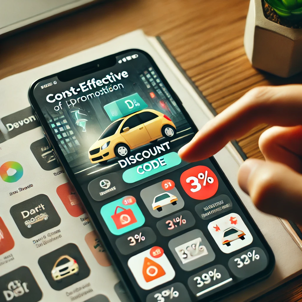 사용자가 차량 공유 앱에서 할인 코드를 적용하는 장면. 앱 인터페이스에 다양한 프로모션 배너가 표시되며, 경제적이고 스마트한 서비스 이용이 강조됨