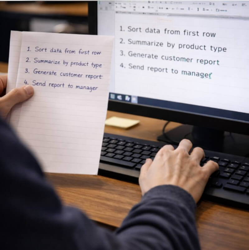 종이에 적힌 순서를 확인하면서 키보드 입력을 이어가며 작업을 정리하는 손의 흐름