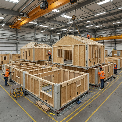 공장에서 제작되는 모듈러 주택의 모습