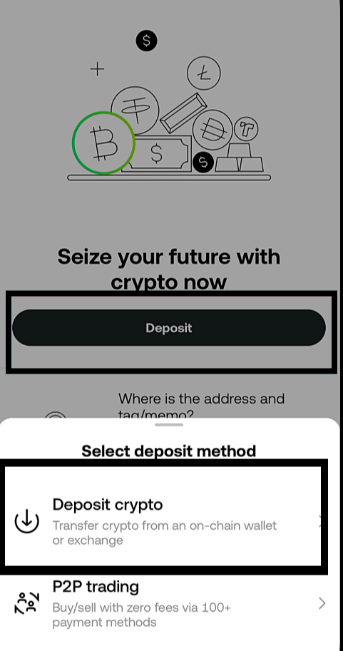 OKX 앱 홈 화면에서 Deposit 버튼 누르는 장면
