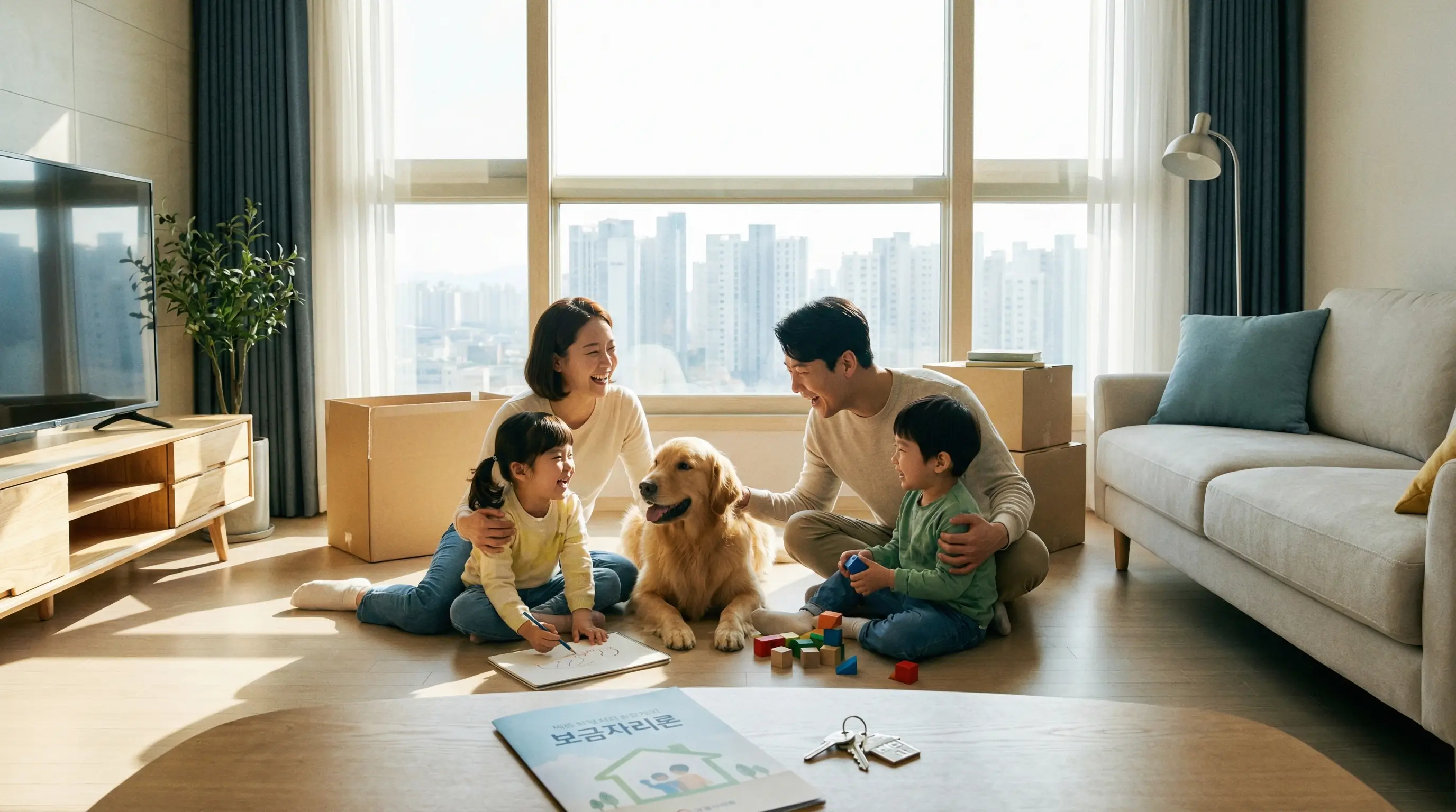 보금자리론을 통해 내 집 마련 자금을 확보하고 아이와 함께 행복해하는 가족의 모습