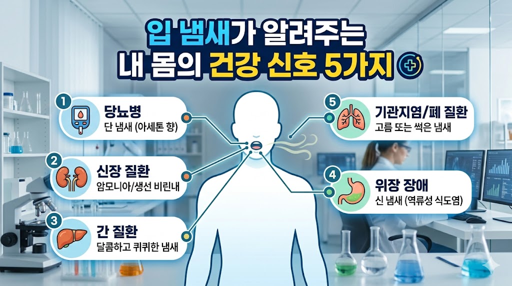입 냄새 원인과 신체 건강 상태의 연관성을 설명하는 2026년형 건강 정보 블로그 섬네일 이미지.