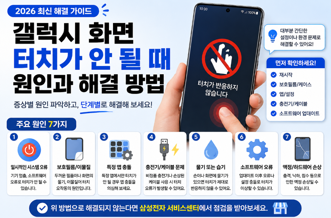 갤럭시 화면 터치가 안 될 때 발생하는 주요 원인과 해결 방법을 안내하는 이미지. 시스템 오류, 보호필름, 앱 충돌, 충전기 문제, 물기, 소프트웨어 오류, 액정 손상 등 터치 문제의 원인과 해결 방법을 한눈에 확인할 수 있다.