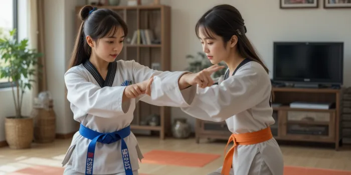 띠 묶는 연습 돕는 엄마