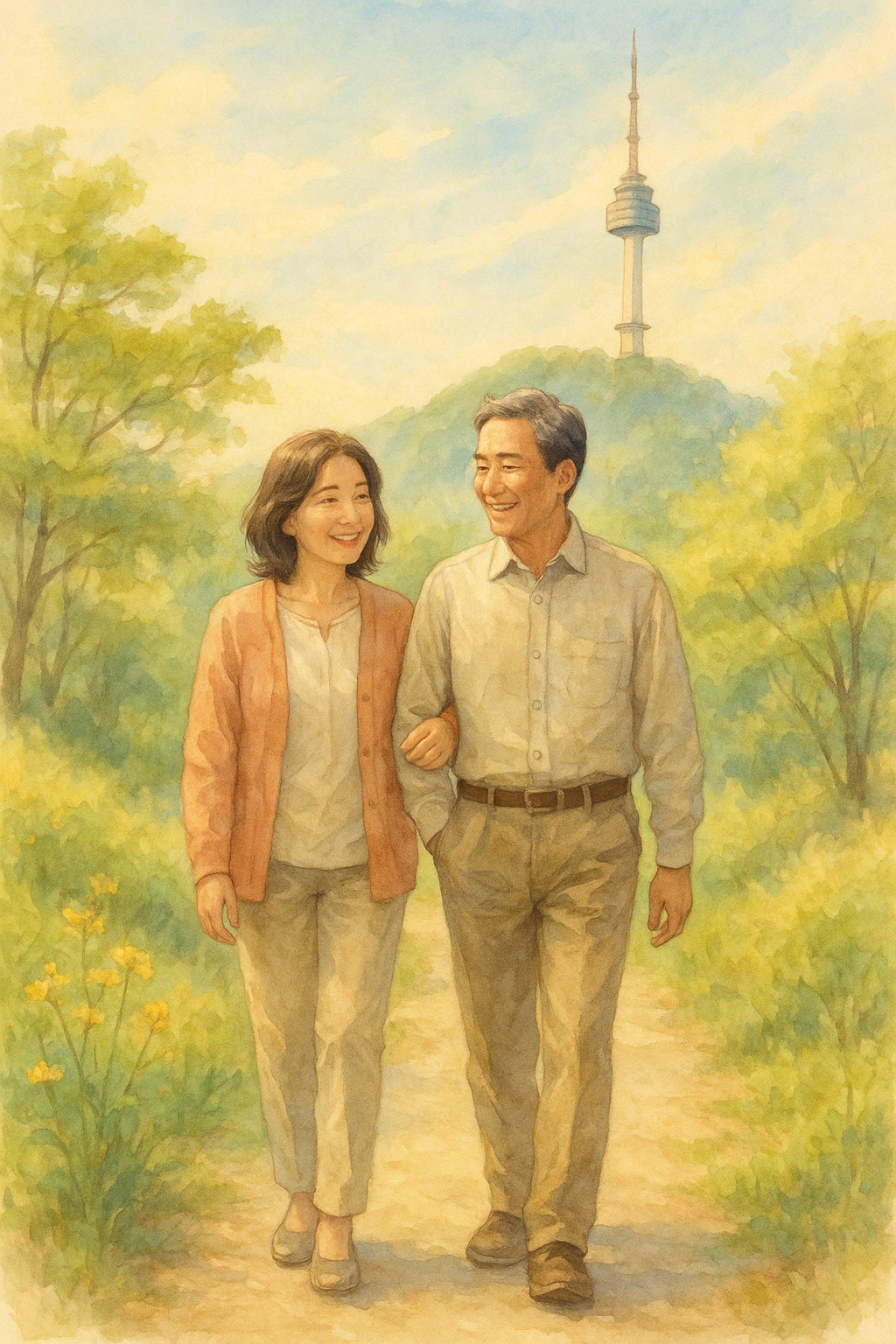 서울 남산에서 산책하는 중년 부부의 여유로운 오후 풍경, 부드러운 수채화 느낌
