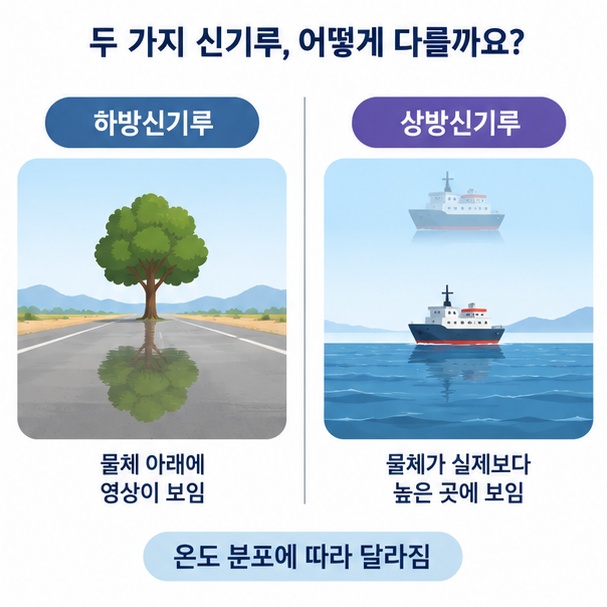 물체 아래에 영상이 나타나는 하방신기루와 실제보다 높은 곳에 물체가 보이는 상방신기루를 비교하는 그림