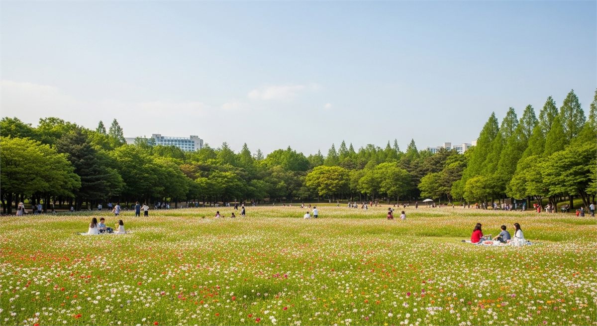 넓은 잔디와 나무가 어우러진 서울숲의 봄 산책 풍경 