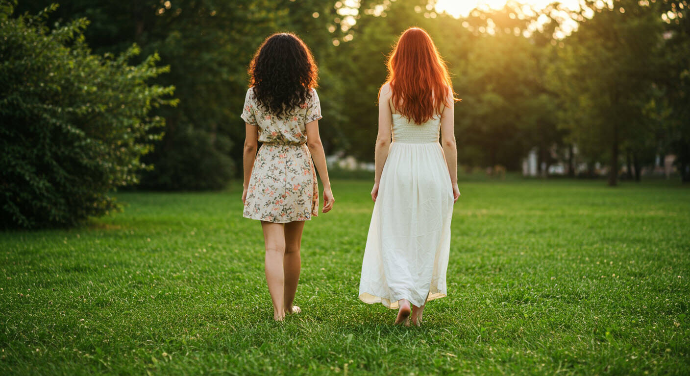 여자 두명이 맨발로 잔디를 걷고 있는 모습