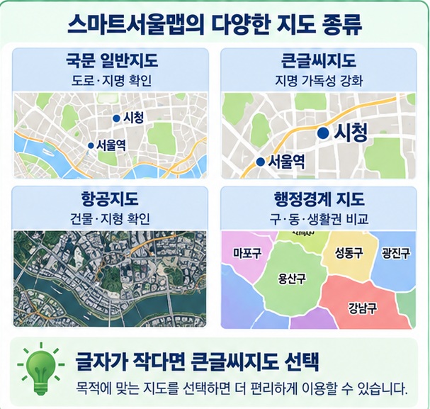 스마트서울맵에서 국문 일반지도, 항공지도, 큰글씨지도를 선택하고 확대하는 방법을 표현한 이미지