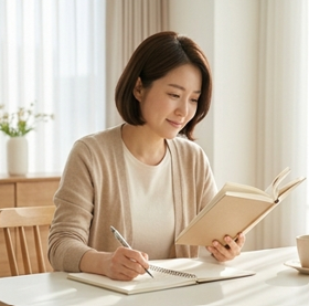 책을 보며 메모하는 엄마